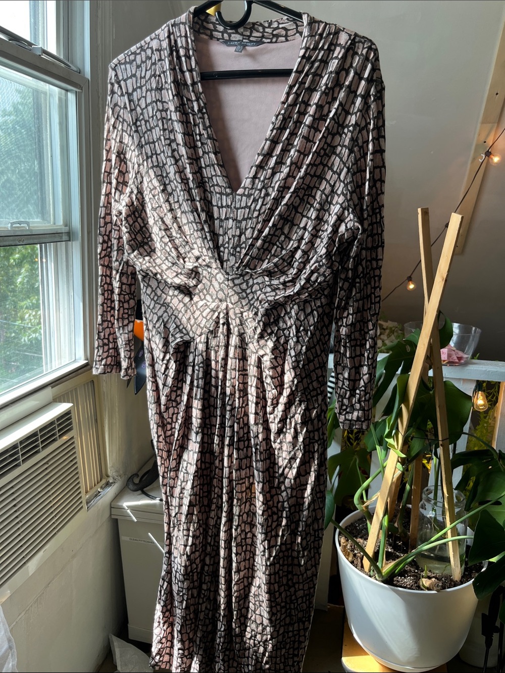 Laura Ashley Brown Patterned Knot-Front Long Sleeve Dress